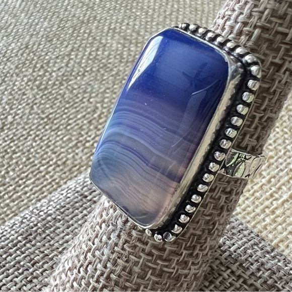 New Blue Striped Agate Stone Silver Overlay Ring w Decorative Band Size 6.25 - Picture 6 of 6